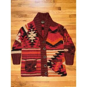 Ladies Eddie Bauer Hand Knit Wool Sweater Aztec Jacket L/XL 2 front pockets
